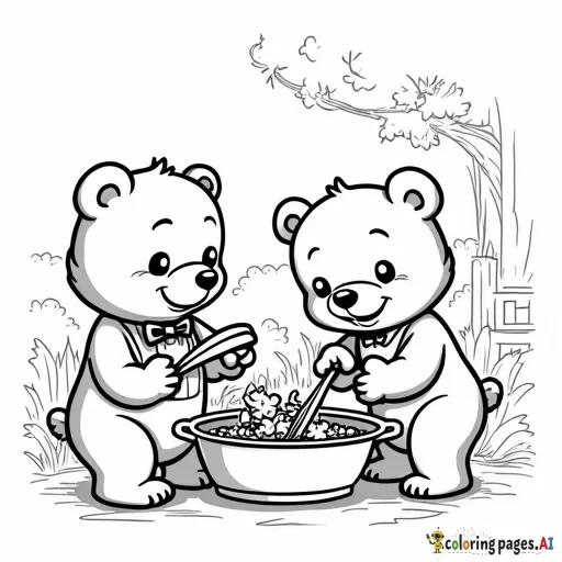cute cartoon bears cooking in kitchen with background scenery