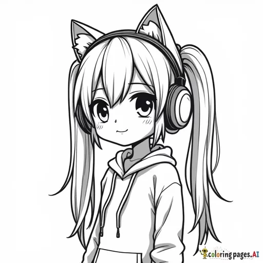 Cute cartoon girl wearing cat headphones. High resolution. Thick line art. Gamer girl. Pigtail hair. Long hair.