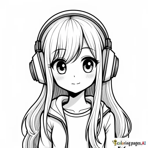 Cute cartoon girl wearing headphones. High resolution. Thick line art. Gamer girl. Long hair.