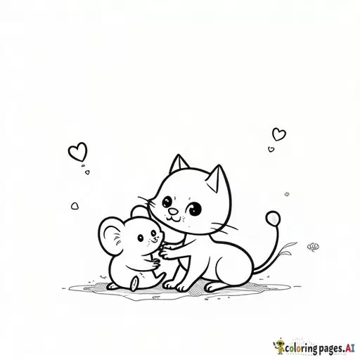 Cute cat and mouse playing together, black and white coloring page for kids