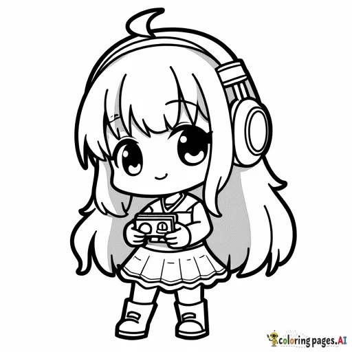 Cute chibi cartoon girl wearing headphones. High resolution. Thick line art. Gamer girl. Long hair.