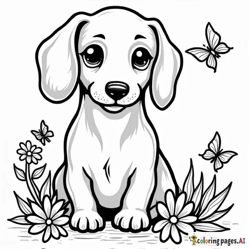 cute dachshund with flowers and butterflies