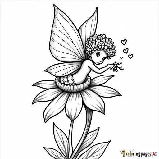 Cute Fairy, on a flower, black outlines, white background, sharp focus