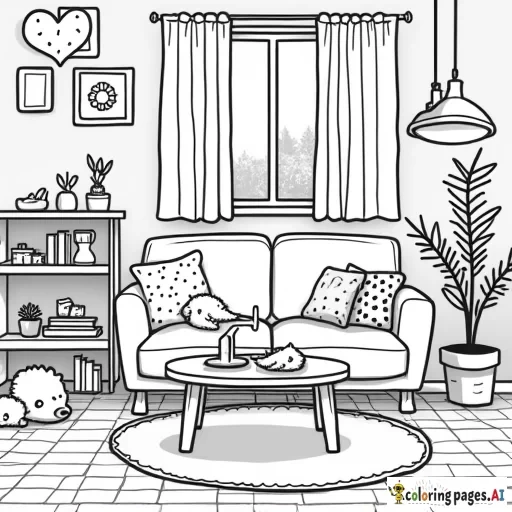 Cute hygge cozy interior scene with animals, kawaii style