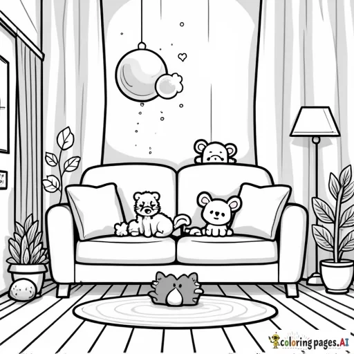 Cute hygge cozy interior scene with animals, kawaii style