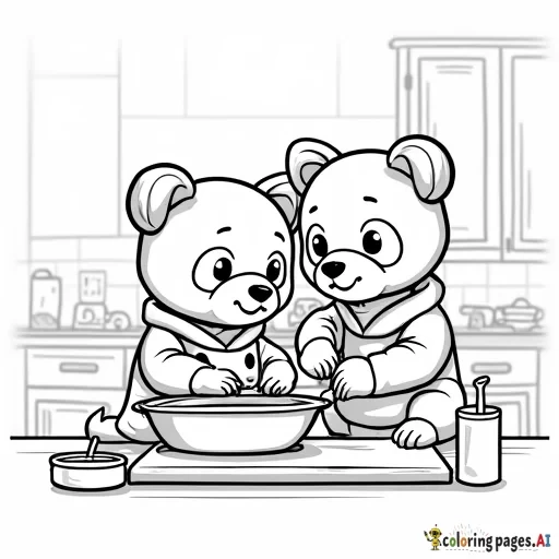 Cute panda and a dog wearing clothes that are baking together in a kitchen
