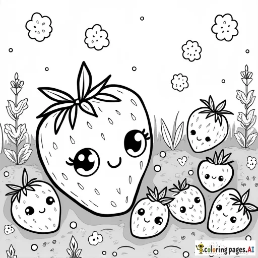 cute strawberries in a strawberry patch, kawaii faces