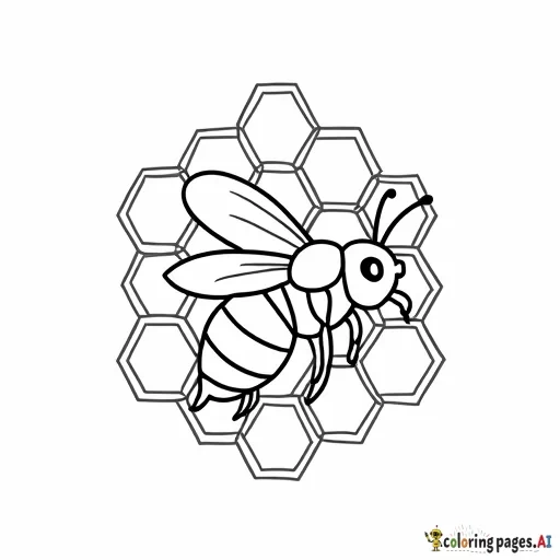 Design a simple bee-themed coloring page in a stained glass style. The image should feature a side view of a honeybee in flight, with thick, bold, clean lines that are consistent in thickness throughout. Include a honeycomb background made of hexagonal cells to enhance the stained glass effect. The bee should have distinct wings with minimal details and a traditional striped yellow-and-black body pattern. The composition should be simple and suitable for coloring, without shading or intricate details