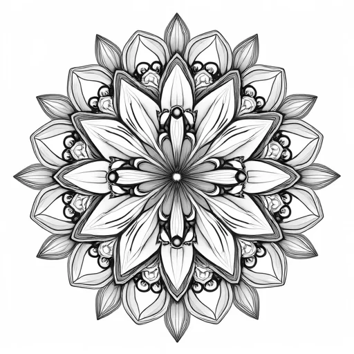 "Detailed mandala featuring elegant orchids as the central floral element. Each orchid is drawn with fine, delicate lines, and the petals are carefully detailed. Surrounding the orchids are intricate geometric patterns, including hexagons, triangles, and arcs, interwoven with soft, flowing leaves and buds. The outer layers of the mandala are filled with elegant, subtle designs that add depth and texture to the overall pattern."
