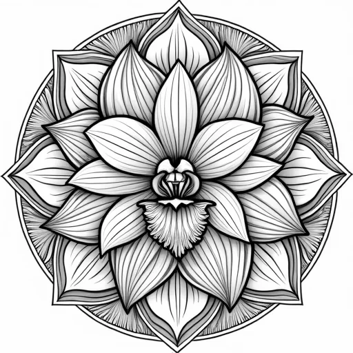 "Detailed mandala featuring elegant orchids as the central floral element. Each orchid is drawn with fine, delicate lines, and the petals are carefully detailed. Surrounding the orchids are intricate geometric patterns, including hexagons, triangles, and arcs, interwoven with soft, flowing leaves and buds. The outer layers of the mandala are filled with elegant, subtle designs that add depth and texture to the overall pattern."