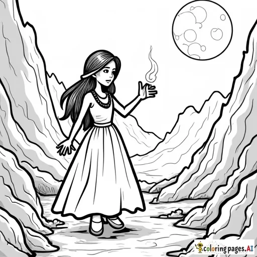 Dibujo para colorear de una niña valiente llamada Dayana, con una lámpara de aceite en la mano, caminando por un paisaje oscuro y misterioso con una luna llena brillante en el cielo. Dayana tiene el cabello largo y oscuro, y lleva un vestido largo y sencillo. Ella está en una aventura en una montaña alta. El entorno es sombrío, pero con detalles como árboles o rocas que añaden un toque místico. La imagen debe ser en contornos negros, con estilo simple para que sea fácil de colorear. - Free Printable Coloring Page