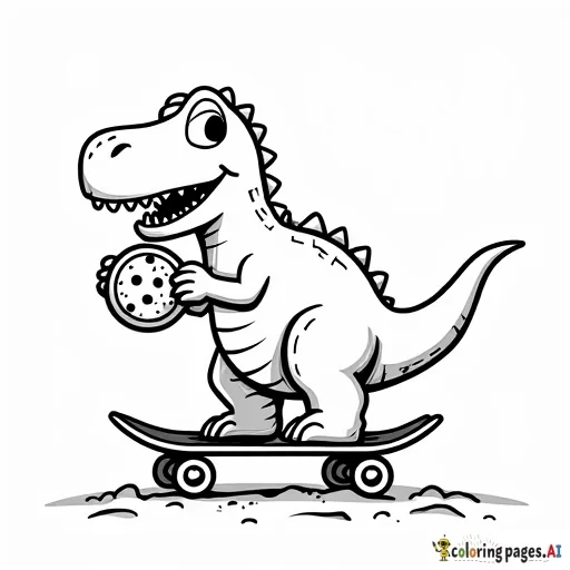 dinosaur, on a skateboard, eating a cookie