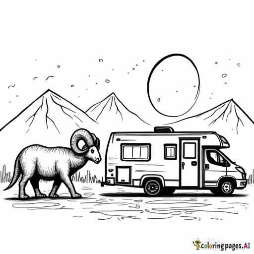 dodge ram pulling a camping trailer while near dinosaurs