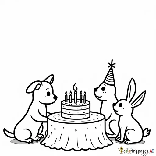 dog, cat, bird and rabbit having a birthday party