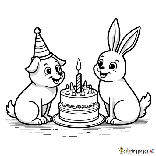 dog, cat, bird and rabbit having a birthday party