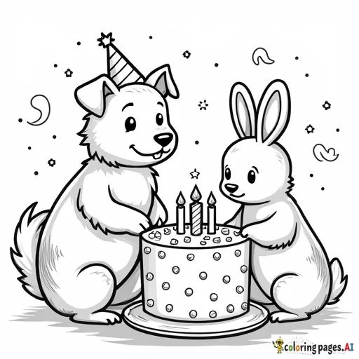 dog, cat, bird and rabbit having a birthday party