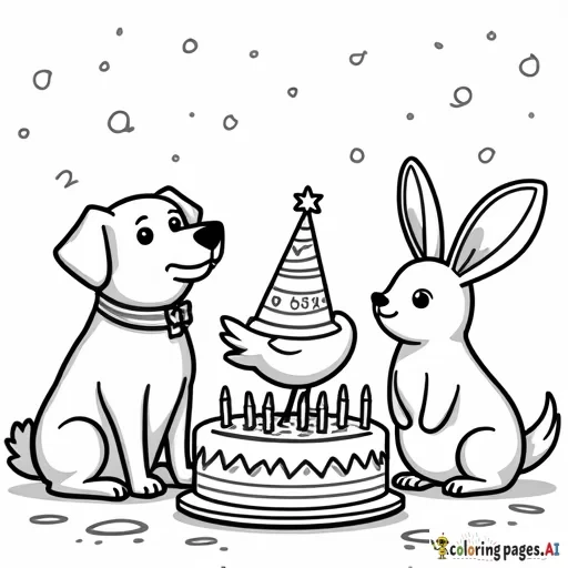 dog, cat, bird and rabbit having a birthday party