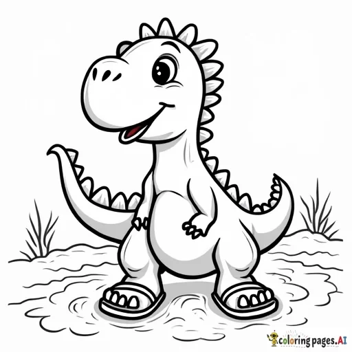 draw a cute dinosaur coloring picture wearing sandals playing in the sand at the seaside?