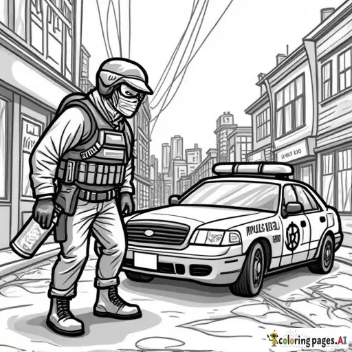 dynamic, edgy graffiti designs that inspire. Include unique modern urban street characters (SWAT tactical style full faced mask wearing cartoon anarchist in inner city with a can of spray paint in his hand as he is spray painting graffiti on a patrol car parked in front of an inner city police station in the city scape) intricate patterns, urban-inspired designs, and bold shapes.  modern style street art in lineart B&W only adult coloring page