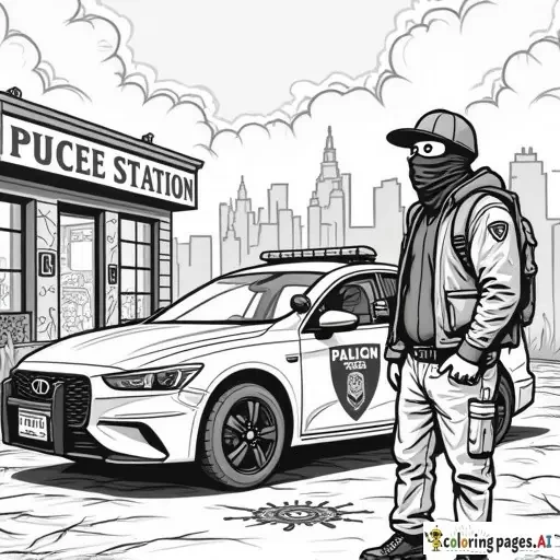 dynamic, edgy graffiti designs that inspire. Include unique modern urban street characters (military tactical assault style full faced mask wearing cartoon anarchist in inner city with a can of spray paint in his hand as he is spray painting graffiti on a patrol car parked in front of an inner city police station in the city scape) intricate patterns, urban-inspired designs, and bold shapes.  modern style street art in lineart B&W only adult coloring page