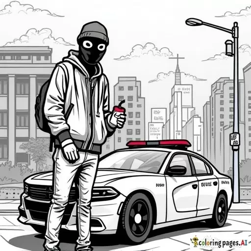 dynamic, edgy graffiti designs that inspire. Include unique modern urban street characters (creative full faced mask wearing cartoon anarchist in inner city with a can of spray paint in his hand as he is spray painting graffiti on a patrol car parked in front of an inner city police station in the city scape) intricate patterns, urban-inspired designs, and bold shapes.  modern style street art in lineart B&W only adult coloring page