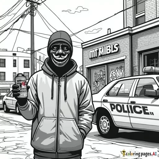 dynamic, edgy graffiti designs that inspire. Include unique modern urban street characters (creative full faced mask wearing cartoon anarchist in inner city with a can of spray paint in his hand as he is spray painting graffiti on a patrol car parked in front of an inner city police station in the city scape) intricate patterns, urban-inspired designs, and bold shapes.  modern style street art in lineart B&W only adult coloring page