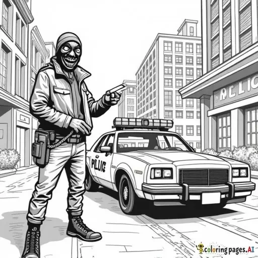 dynamic, edgy graffiti designs that inspire. Include unique modern urban street characters (creative full faced mask wearing cartoon anarchist in inner city with a can of spray paint in his hand as he is spray painting graffiti on a patrol car parked in front of an inner city police station in the city scape) intricate patterns, urban-inspired designs, and bold shapes.  modern style street art in lineart B&W only adult coloring page