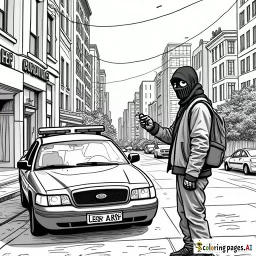 dynamic, edgy graffiti designs that inspire. Include unique modern urban street characters (creative full faced mask wearing cartoon anarchist in inner city with a can of spray paint in his hand as he is spray painting graffiti on a patrol car parked in front of an inner city police station in the city scape) intricate patterns, urban-inspired designs, and bold shapes.  modern style street art in lineart B&W only adult coloring page