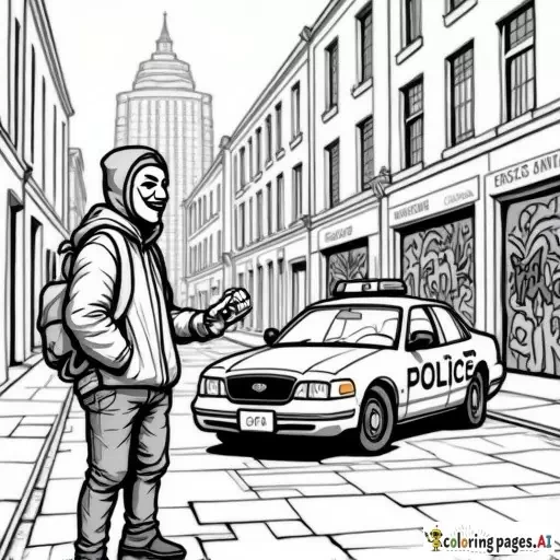 dynamic, edgy graffiti designs that inspire. Include unique modern urban street characters (creative full faced mask wearing cartoon anarchist in inner city with a can of spray paint in his hand as he is spray painting graffiti on a patrol car parked in front of an inner city police station in the city scape) intricate patterns, urban-inspired designs, and bold shapes.  modern style street art in lineart B&W only adult coloring page