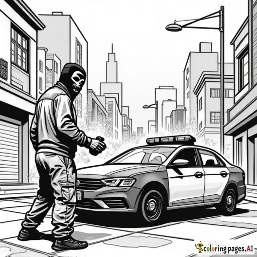 dynamic, edgy graffiti designs that inspire. Include unique modern urban street characters (punisher style mask wearing cartoon anarchist in inner city with a can of spray paint in his hand as he is spray painting graffiti on a patrol car parked in front of an inner city police station in the city scape) intricate patterns, urban-inspired designs, and bold shapes.  modern style street art in lineart B&W only adult coloring page