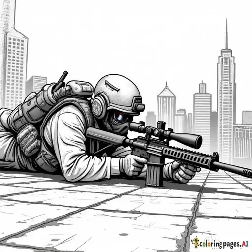 dynamic, edgy graffiti designs that inspire. Include unique modern urban street characters (SWAT sniper laid out on his belly on an inner city sky scaper rooftop with maximum cover acheiving a vantage point in full tactical gear looking for his target at street level with the city scape as his cover) urban-inspired designs and bold shapes.  modern style street art in lineart B&W only adult coloring page
