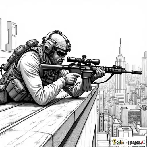 dynamic, edgy graffiti designs that inspire. Include unique modern urban street characters (SWAT sniper laid out on his belly on an inner city sky scaper rooftop with maximum cover acheiving a vantage point in full tactical gear looking for his target at street level with the city scape as his cover) urban-inspired designs and bold shapes.  modern style street art in lineart B&W only adult coloring page