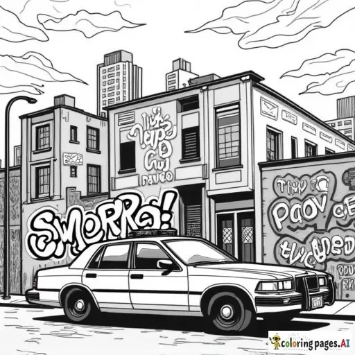 dynamic, edgy graffiti designs that inspire. Include unique modern urban street characters (creative full faced mask wearing cartoon anarchist in inner city with a can of spray paint in his hand as he is spray painting graffiti on a patrol car parked in front of an inner city police station in the city scape) intricate patterns, urban-inspired designs, and bold shapes.  modern style street art in lineart B&W only adult coloring page