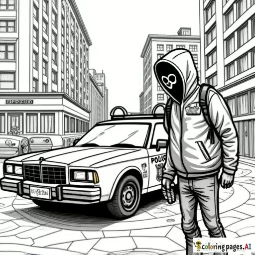 dynamic, edgy graffiti designs that inspire. Include unique modern urban street characters (creative full faced mask wearing cartoon anarchist in inner city with a can of spray paint in his hand as he is spray painting graffiti on a patrol car parked in front of an inner city police station in the city scape) intricate patterns, urban-inspired designs, and bold shapes.  modern style street art in lineart B&W only adult coloring page