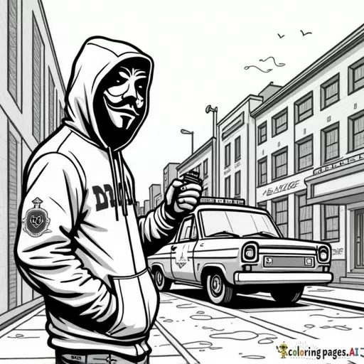 dynamic, edgy graffiti designs that inspire. Include unique modern urban street characters (creative full faced mask wearing cartoon anarchist in inner city with a can of spray paint in his hand as he is spray painting graffiti on a patrol car parked in front of an inner city police station in the city scape) intricate patterns, urban-inspired designs, and bold shapes.  modern style street art in lineart B&W only adult coloring page