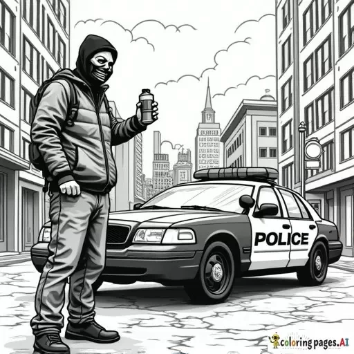 dynamic, edgy graffiti designs that inspire. Include unique modern urban street characters (creative full faced mask wearing cartoon anarchist in inner city with a can of spray paint in his hand as he is spray painting graffiti on a patrol car parked in front of an inner city police station in the city scape) intricate patterns, urban-inspired designs, and bold shapes.  modern style street art in lineart B&W only adult coloring page