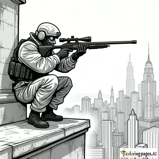 dynamic, edgy graffiti designs that inspire. Include unique modern urban street characters (SWAT sniper atop of an inner city sky scaper acheiving a vantage point in full tactical gear looking for his target at street level with the city scape as his cover) urban-inspired designs and bold shapes.  modern style street art in lineart B&W only adult coloring page