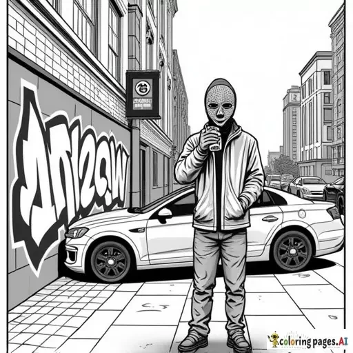 dynamic, edgy graffiti designs that inspire. Include unique modern urban street characters (creative full faced mask wearing cartoon anarchist in inner city with a can of spray paint in his hand as he is spray painting graffiti on a patrol car parked in front of an inner city police station in the city scape) intricate patterns, urban-inspired designs, and bold shapes.  modern style street art in lineart B&W only adult coloring page