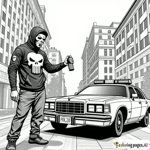 dynamic, edgy graffiti designs that inspire. Include unique modern urban street characters (punisher style mask wearing cartoon anarchist in inner city with a can of spray paint in his hand as he is spray painting graffiti on a patrol car parked in front of an inner city police station in the city scape) intricate patterns, urban-inspired designs, and bold shapes.  modern style street art in lineart B&W only adult coloring page