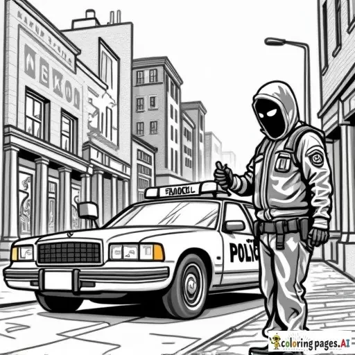 dynamic, edgy graffiti designs that inspire. Include unique modern urban street characters (military tactical assault style full faced mask wearing cartoon anarchist in inner city with a can of spray paint in his hand as he is spray painting graffiti on a patrol car parked in front of an inner city police station in the city scape) intricate patterns, urban-inspired designs, and bold shapes.  modern style street art in lineart B&W only adult coloring page