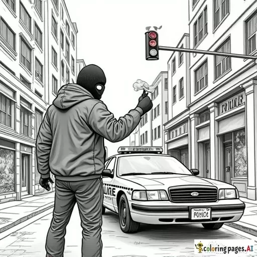 dynamic, edgy graffiti designs that inspire. Include unique modern urban street characters (creative full faced mask wearing cartoon anarchist in inner city with a can of spray paint in his hand as he is spray painting graffiti on a patrol car parked in front of an inner city police station in the city scape) intricate patterns, urban-inspired designs, and bold shapes.  modern style street art in lineart B&W only adult coloring page