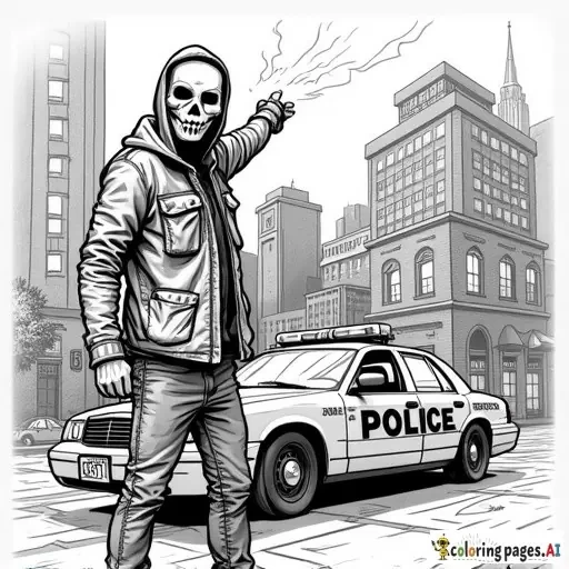 dynamic, edgy graffiti designs that inspire. Include unique modern urban street characters (punisher style mask wearing cartoon anarchist in inner city with a can of spray paint in his hand as he is spray painting graffiti on a patrol car parked in front of an inner city police station in the city scape) intricate patterns, urban-inspired designs, and bold shapes.  modern style street art in lineart B&W only adult coloring page