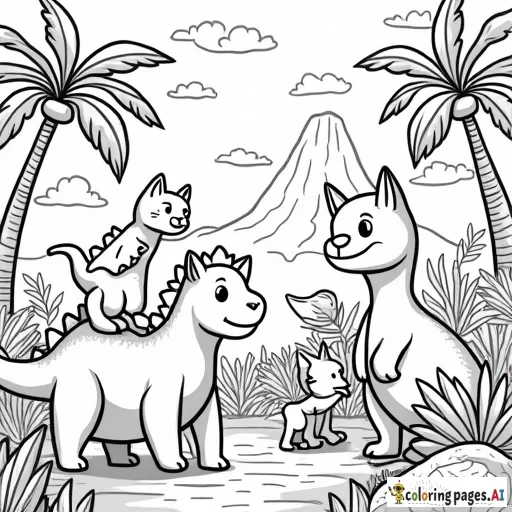 A group of playful cats is having an adventure in a land of friendly dinosaurs! One curious cat is riding on the back of a gentle brontosaurus, while another is playing with a small, happy triceratops. A kitten is batting at the tail of a stegosaurus, and in the background, a big T-rex is smiling and waving. The dinosaurs are colorful and friendly, with soft features, and the cats are full of energy, climbing and exploring the prehistoric world. The scene is set in a lush jungle with palm trees, volcanoes in the distance, and plenty of fun details like rocks and flowers. The large shapes of the dinosaurs and cats make this scene perfect for kids to color.