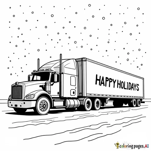 eighteen wheeler truck that says happy holidays with a chirstmas background