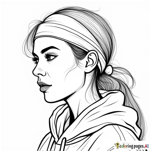 „Ein Ausmalbild einer modernen Frau in Nahaufnahme mit starkem Hip-Hop-Flair. Sie trägt eine Kappe, die leicht zur Seite gedreht ist, und darunter ein Bandana. Ihre Haare sind minimalistisch und mit nur wenigen Linien angedeutet, ohne Strähnen oder Details. Der Hintergrund ist leer, und das Bild hat klare, einfache Konturen, ideal zum Ausmalen.“