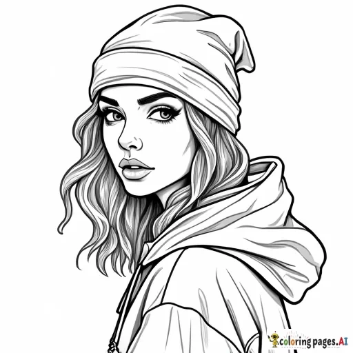 „Ein Ausmalbild einer modernen hip Hop Frau in Nahaufnahme mit starkem Hip-Hop-Flair. Sie trägt eine Kappe, die leicht zur Seite gedreht ist, und darunter ein Bandana. Ihre Haare sind minimalistisch und mit nur wenigen Linien angedeutet, ohne Strähnen oder Details. Der Hintergrund ist leer, und das Bild hat klare, einfache Konturen, ideal zum Ausmalen.“