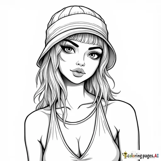 „Ein Ausmalbild einer modernen hip Hop Frau in Nahaufnahme mit starkem Hip-Hop-Flair. Sie trägt eine Kappe, die leicht zur Seite gedreht ist, und darunter ein Bandana. Ihre Haare sind minimalistisch und mit nur wenigen Linien angedeutet, ohne Strähnen oder Details. Der Hintergrund ist leer, und das Bild hat klare, einfache Konturen, ideal zum Ausmalen.“