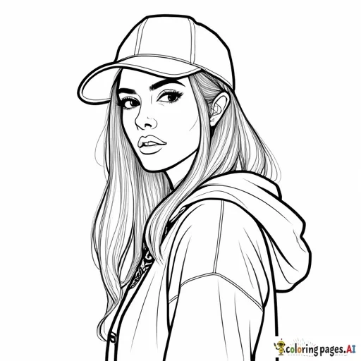 „Ein Ausmalbild einer modernen hip Hop Frau in Nahaufnahme mit starkem Hip-Hop-Flair. Sie trägt eine Kappe, die leicht zur Seite gedreht ist, und darunter ein Bandana. Ihre Haare sind minimalistisch und mit nur wenigen Linien angedeutet, ohne Strähnen oder Details. Der Hintergrund ist leer, und das Bild hat klare, einfache Konturen, ideal zum Ausmalen.“