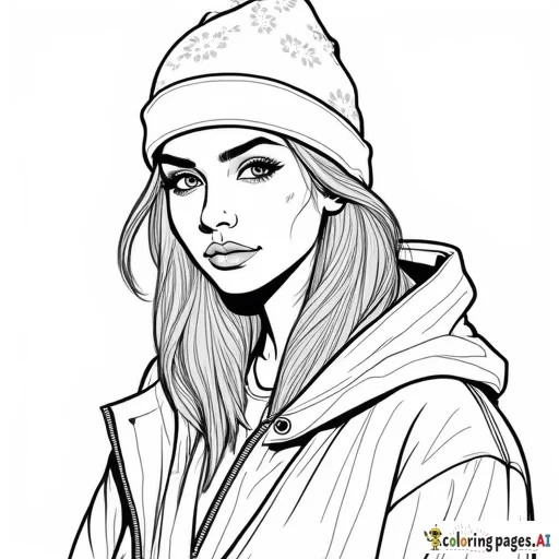 „Ein Ausmalbild einer modernen hip Hop Frau in Nahaufnahme mit starkem Hip-Hop-Flair. Sie trägt eine Kappe, die leicht zur Seite gedreht ist, und darunter ein Bandana. Ihre Haare sind minimalistisch und mit nur wenigen Linien angedeutet, ohne Strähnen oder Details. Der Hintergrund ist leer, und das Bild hat klare, einfache Konturen, ideal zum Ausmalen.“
