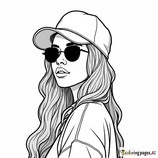 „Ein Ausmalbild einer modernen hip Hop Frau in Nahaufnahme mit starkem Hip-Hop-Flair. Sie trägt eine Kappe, die leicht zur Seite gedreht ist, und darunter ein Bandana. Ihre Haare sind minimalistisch und mit nur wenigen Linien angedeutet, ohne Strähnen oder Details. Der Hintergrund ist leer, und das Bild hat klare, einfache Konturen, ideal zum Ausmalen.“